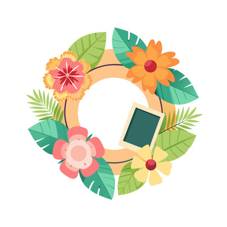 Floral frame with tropical leaves and flowers with picture, perfect for invitations and announcementsのイラスト素材