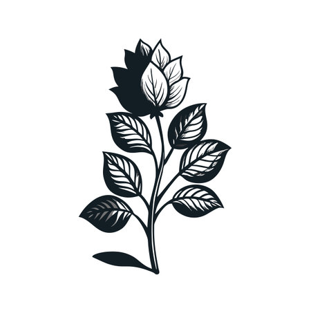 Elegant floral illustration with detailed leaves and stylized flower against white backdropのイラスト素材