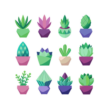 Collection of flat design succulent and houseplant illustrations in colorful geometric pots on a white background.のイラスト素材