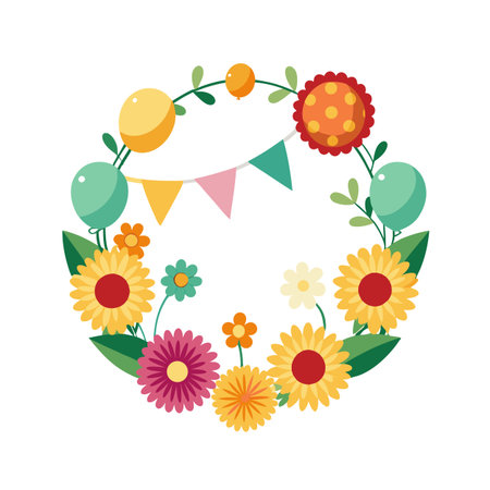 Celebration wreath of flowers, balloons, and festive pennants for birthday, eventsのイラスト素材