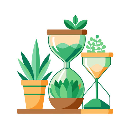 Modern Time Concept: Stylized Hourglasses Filled with Plants on Shelf, Illustrating Growth and Time