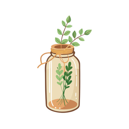 Hand-drawn illustration of mason jar with herbs, tied with twine on a white background.のイラスト素材