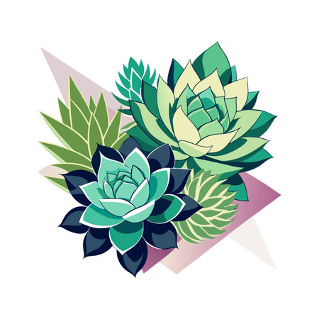 Charming succulent arrangement against white background with geometric shapes offering a modern botanical illustrationのイラスト素材