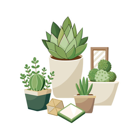 Assorted Potted Succulents and Decorative Stones Still Life for Home Decor Illustrationのイラスト素材