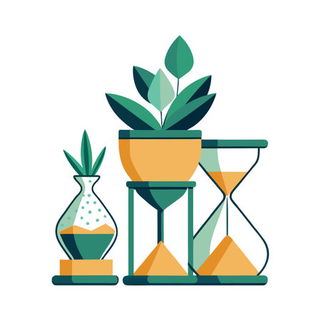 Minimalist Still Life Illustration of Plants and Hourglasses on White Backgroundのイラスト素材