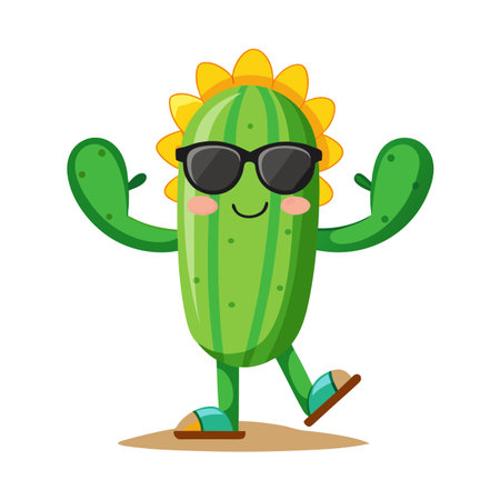 Cartoon Cactus Character Wearing Sunglasses and Sandals Enjoying Summer Vacation Vibeのイラスト素材