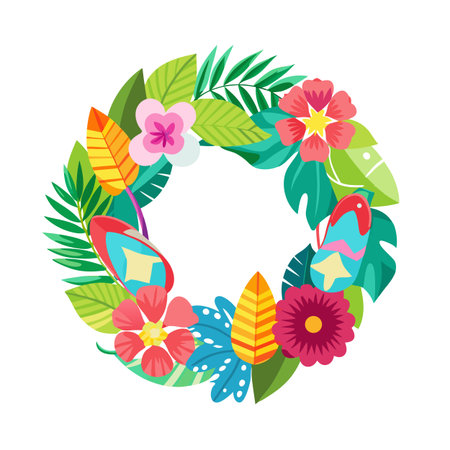 Tropical Floral Wreath Illustration with Beach Sandals, Perfect for Summer Vacation or Holiday Themesのイラスト素材