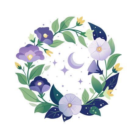 Floral Wreath with Moon and Stars in Soft Pastel Colors, Vector Illustrationのイラスト素材