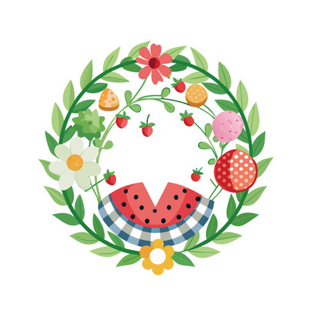 Festive summer wreath with watermelon, berries, and flowers for seasonal designsのイラスト素材