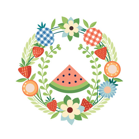 Whimsical Fruit and Floral Wreath Illustration for Summer Projects and Designsのイラスト素材