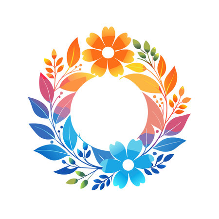 Vibrant floral wreath illustration with gradient colors and a blank circular center spaceのイラスト素材