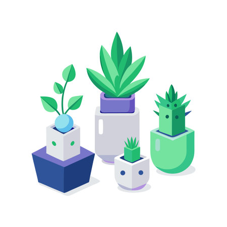 Isometric plants in stylized pots arrangement, showcasing modern design and a minimalist aestheticのイラスト素材