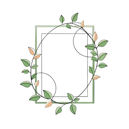 Geometric Floral Frame with Green Leaves and Peach Accents for Invitations or Brandingのイラスト素材