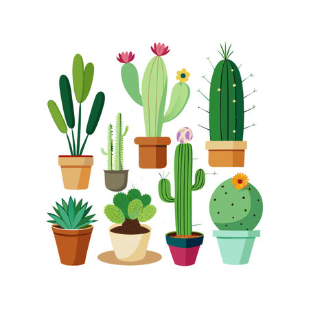 Collection of Potted Cactus Plants on White Background Displaying Variety of Shapesのイラスト素材