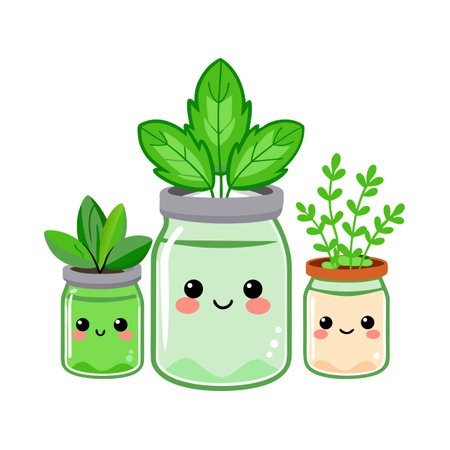 Three cute cartoon plants in mason jars with kawaii faces on a white backgroundのイラスト素材
