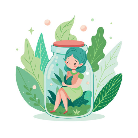Girl Inside a Glass Jar Surrounded by Green Leaves, Conceptual Illustrationのイラスト素材