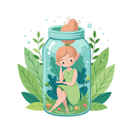 Whimsical Illustration of a Fairy Seated Inside a Jar Surrounded by Foliageのイラスト素材