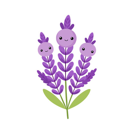 Charming cartoon lavender flower with cute faces on blossom, cheerful floral designのイラスト素材