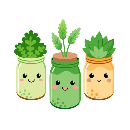 Three cartoon jars with cute faces and plants isolated on white backgroundのイラスト素材