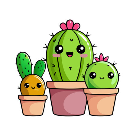 Three cartoon cacti in pots, each with unique shapes and smiling facesのイラスト素材