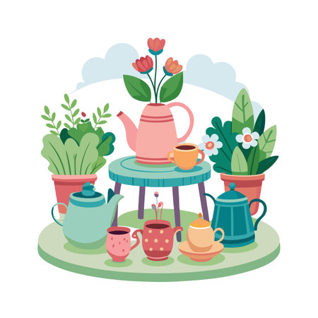 Teapots, Cups and Plants on Table, Illustration for Tea Timeのイラスト素材