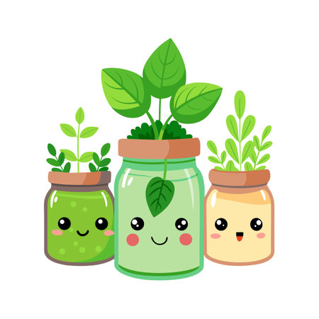 Kawaii Potted Plants in Jars: Cute Vector Illustration for Gardening and Home Decorのイラスト素材