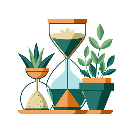 Stylized flat illustration of hourglasses and potted plants on a neutral backgroundのイラスト素材