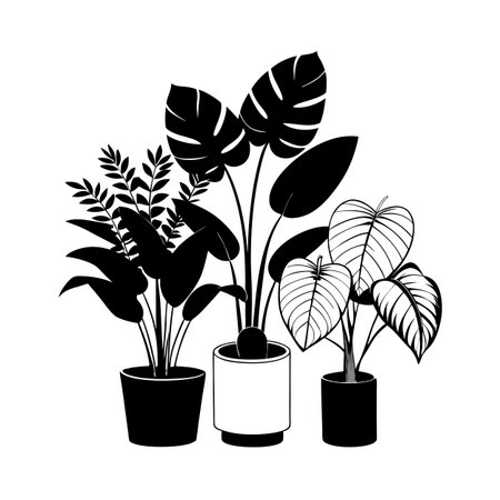 Silhouetted indoor plants vector illustration, isolated on white background, depicting modern decor and designのイラスト素材