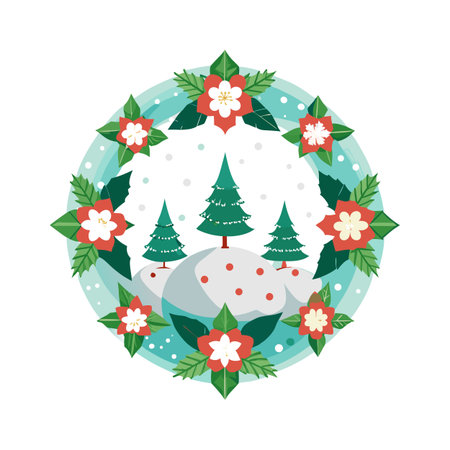 Festive Christmas Wreath with Evergreen Trees, Poinsettias, and Winter Snow Scene Designのイラスト素材