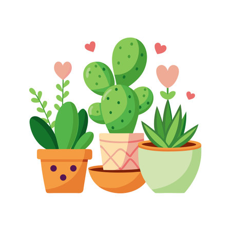 Collection of charming potted plants illustration with hearts, perfect for design projects and decorationのイラスト素材