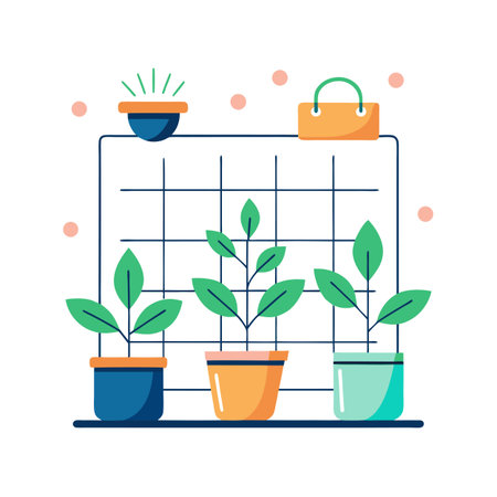 Minimalist potted plant illustration with geometric shapes, clean lines, and a vibrant color paletteのイラスト素材