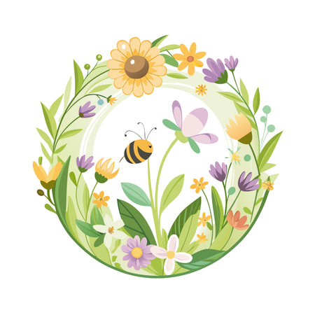 Charming Floral Wreath with Bee: A Vector Illustration of Springtime Beautyのイラスト素材