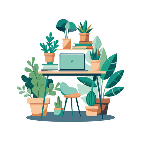 Modern Workplace Illustration with Laptop and Plants for Home Office Conceptのイラスト素材