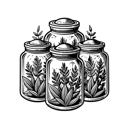 Group of vintage botanical jars with sprigs, black and white illustration styleのイラスト素材