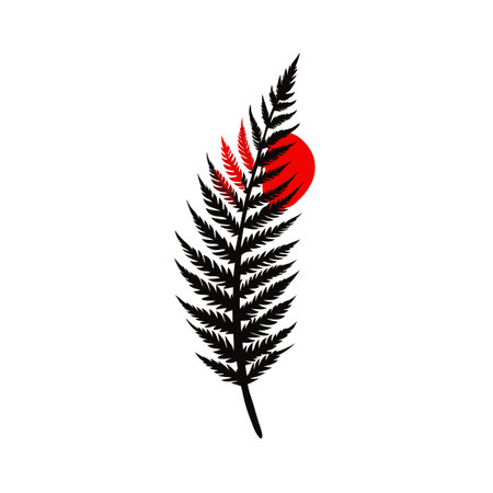 Fern silhouette with red sun illustration symbolizing nature and graphic design elementsのイラスト素材