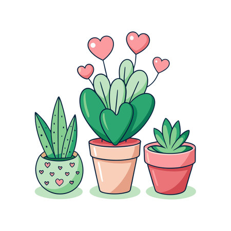 Three potted plants with heart accents in a cute vector illustration styleのイラスト素材