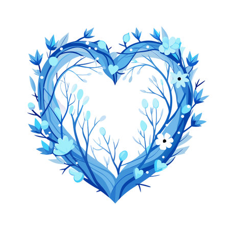 Stylized heart-shaped frame made of blue floral elements on a white backgroundのイラスト素材