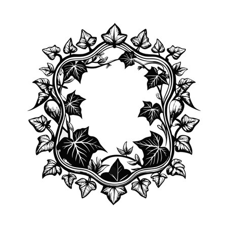 Elegant Black and White Botanical Wreath Frame with Ivy and Berriesのイラスト素材