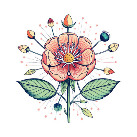 Botanical Illustration of a Blooming Flower with Buds and Decorative Elements on White Backgroundのイラスト素材