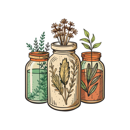 Botanical Illustration of Three Jars Filled with Greenery and Water, Isolated on Whiteのイラスト素材