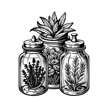 Botanical Illustration of Plants in Jars and Pot in Black and Whiteのイラスト素材