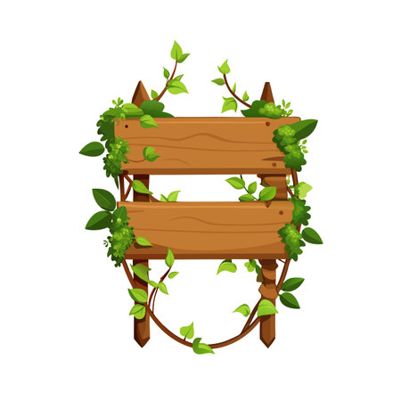 Wooden Sign with Climbing Vine - Rustic Billboard for Outdoor Advertising and Nature Themesのイラスト素材