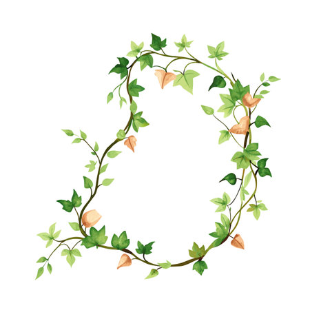 Watercolor Ivy Vine Wreath Illustration with Brown Branches and Green Leaves on White Backgroundのイラスト素材