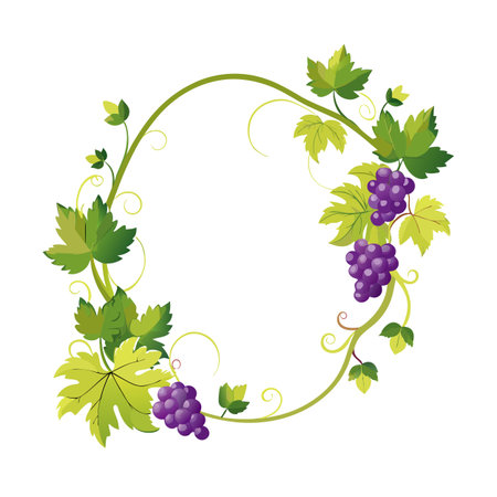 Grapevine Circle Frame with Leaves and Grapes, Botanical Design Element for Invitationsのイラスト素材