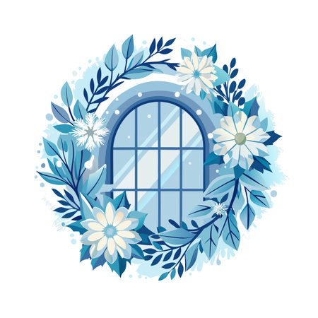 Winter Window with Floral Wreath: A Festive and Decorative Holiday Illustrationのイラスト素材