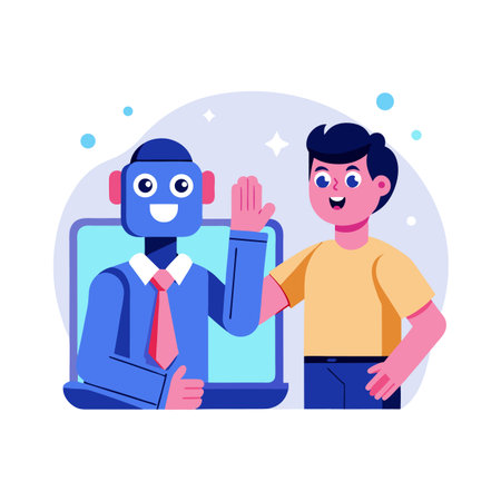 Happy Man and Robot Greeting Each Other, Artificial Intelligence and Human Interaction Conceptのイラスト素材