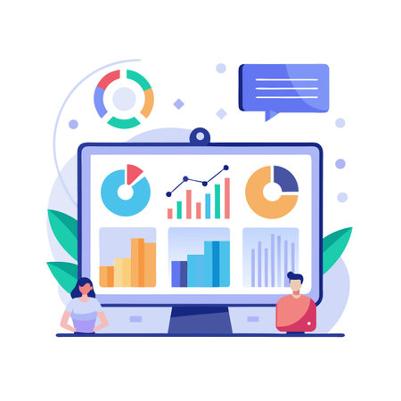 Data analysis dashboard with colorful charts and graphs with people analyzing data, flat designのイラスト素材