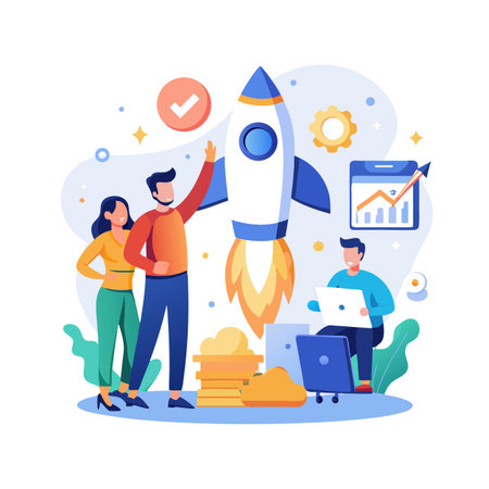 Team celebrating successful startup launch with rocket and financial growth indicatorsのイラスト素材