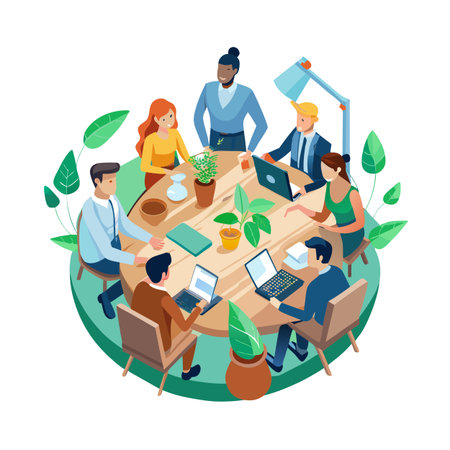 Diverse business team collaborating around a round table with laptops and plantsのイラスト素材
