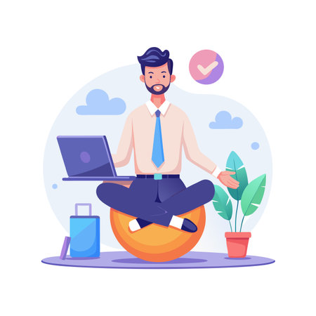 Focused businessman meditating with laptop, promoting productivity, balance and wellness in modern workspaceのイラスト素材